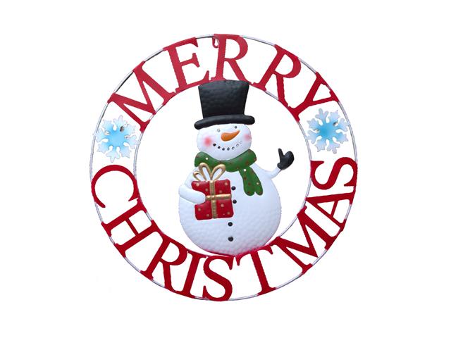 24" METAL WHEEL DECOR (SNOWMAN - MERRY CHRISTMAS)